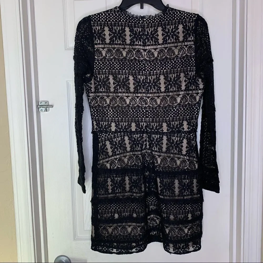 PARKER LACE RUFFLE LONG SLEEVE CONTRAST DRESS BLACK Size Medium